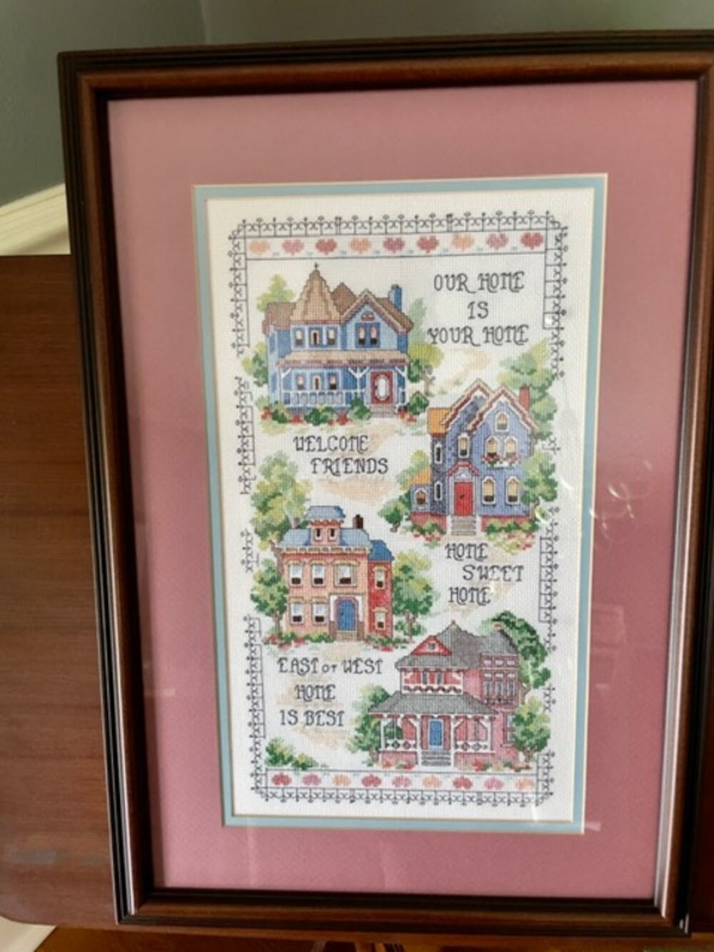 Vintage Framed Cross Stitch Sampler 1990s Home Sweet Home Cottagecore Wall Art
